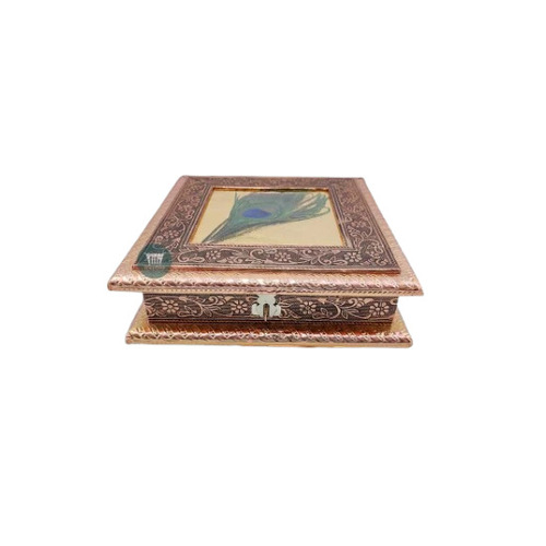 Oxidised Peacock Wooden Dry Fruit Gift Box - 500 gms Capacity, 4 Compartments, Customizable | Copper and Golden Color, Square Shape