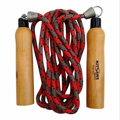 Wooden Skipping Rope - Nylon Material, Multicolour & Red Design | Ideal for Skipping, Durable Plastic Handles