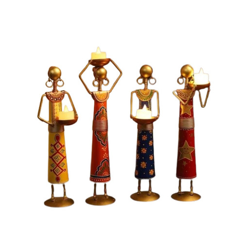 4 Lady T-Light Candle Holder - Iron, Table Top, Polished Finishing | Handmade for Home Decoration, Indian Regional Feature