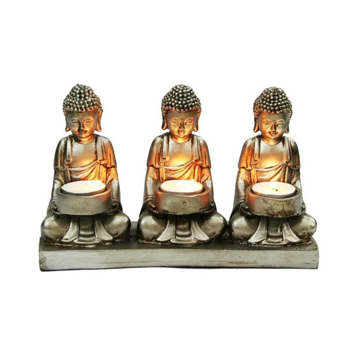 Brass Buddha Candle Holder - 5x8x4 Inch 3 Holders | Handmade Indian Decorative Tabletop Piece Polished Brass Finish