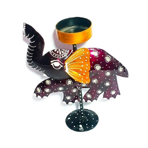 Elephant Shape Iron Painted Candle Holder - 3.5 Inch, Color Painted Finish | Handmade Home Decoration with 1 Holder, Unique Indian Design