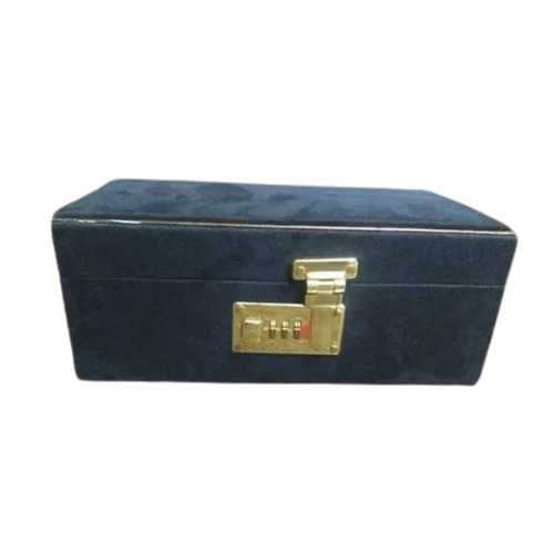 Jewelry Storage Lock Box - Velvet and Wooden, New Rectangle Design in Blue | Eco-Friendly Materials, Plain Pattern, Brass Lock