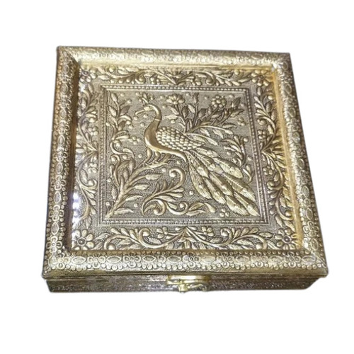 German Peacock Dry Fruit Gift Box - New 500 Gms Capacity 4 Compartments Customizable Square Shape | MDF Material Golden & Silver Color