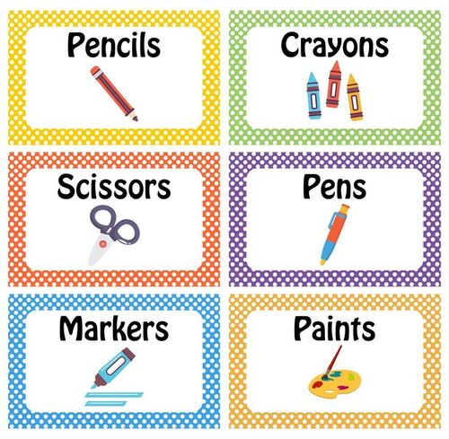 Printed Stickers - Plastic Material, Standard Size, Available in Various Colors - Custom Shapes, Single-Sided Adhesive, Water-Resistant for School Use