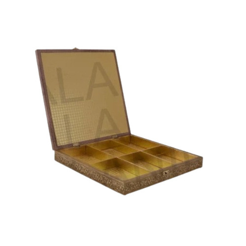 Six Compartments Wooden Gift Box - 12x12x2.5 inches, Golden Color, 1000 gms Capacity