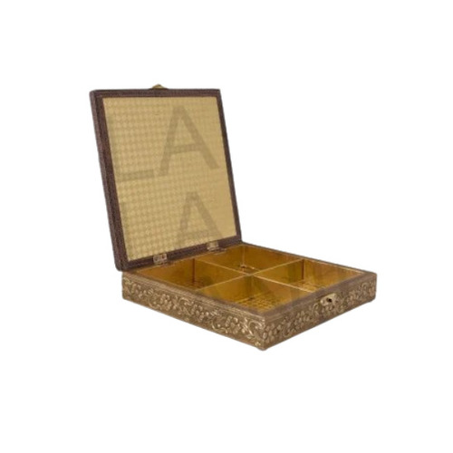 Square Wooden Dry Fruit Gift Box - Wood Material, 8x8x2 Inches, Golden Color | 500 gms Capacity, 4 Compartments, Gift-Ready Design