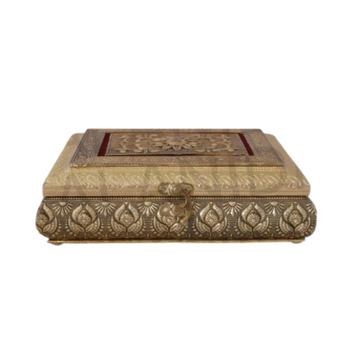 Corrosion Resistant Wooden Dry Fruit Gift Box - New, 500 gms Capacity, 4 Compartments | Customizable, Copper and Golden Oxidized Finish, Rectangular Design