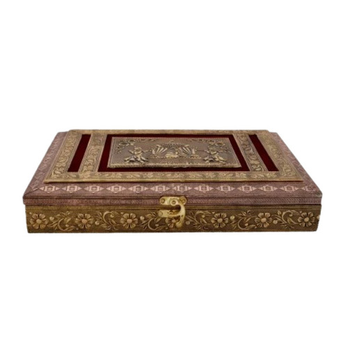 Designer Wooden Dry Fruit Gift Box - 1000 gms Capacity, 4 Compartments | Rectangular Shape, Customizable, Copper and Golden Oxidized Color