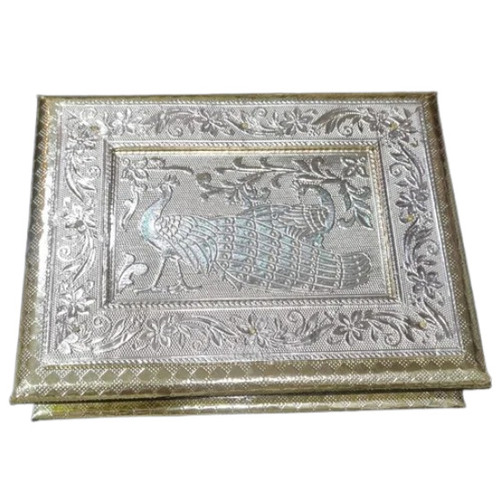Emboss Peacock Gold Oxodised Dry Fruit Box - 500 gms, 4 Compartments, Rectangular Shape, Wooden Design, Customized Option Available, Golden and Silver Finish