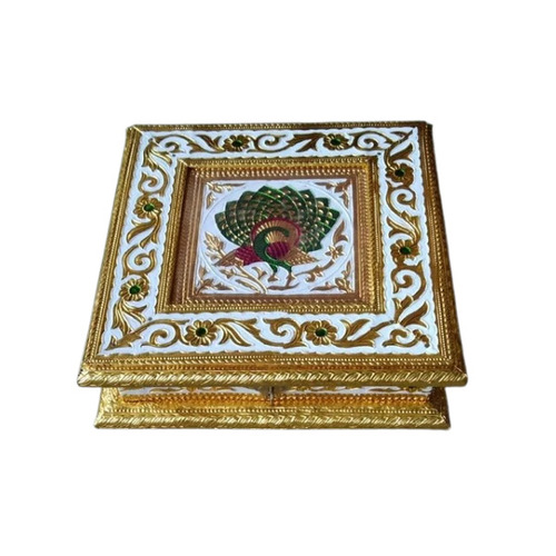Golden Meenakari Dry Fruit Box - 500 gms Capacity 4 Compartments Square Shape | Crafted from Wood in Elegant Golden and Silver Tones