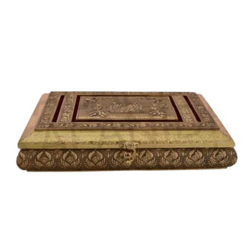 Gorgeous Look Wooden Dry Fruit Gift Box - Wood Material, 1000 gms Capacity, 4 Compartments, Rectangular Shape, Copper & Golden Oxidise Finish | Customizable Design for Gifting
