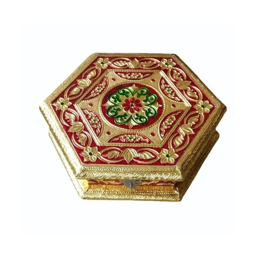 Hexagonal Wooden Dry Fruit Box - 500 gms Capacity, 4 Compartments | Golden & Silver Color, Wooden Material, Ideal for Gifting