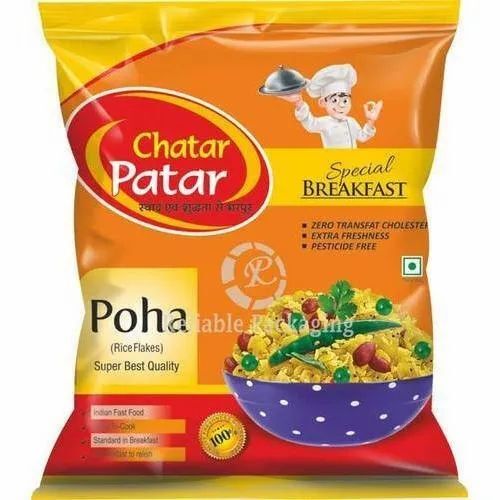 Poha Packaging Pouch - PET (Polyester) 3 Side Sealed Pouch, Multi Color Printed Design with Glossy Finish & Double Layer Lamination