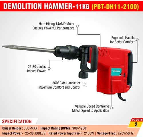 Demolition Hammer - 2100W Rated Power, 900-1900 BPM Impact | Heavy-Duty Drilling, Red and Black Finish, 11 Kg Weight