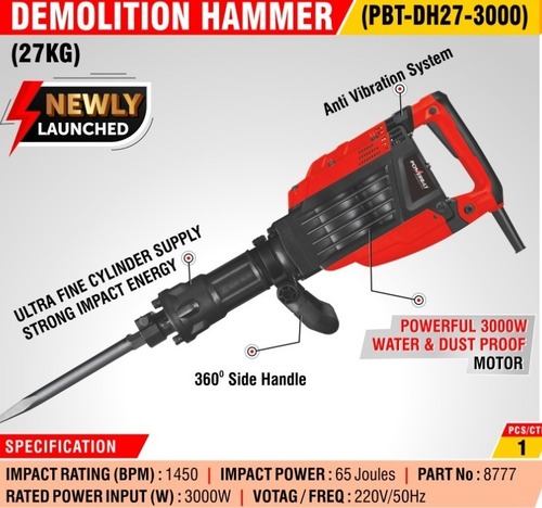 Demolition Hammer - 1800W Motor 3000W Rated Power Input 1450Bpm Impact Rating | Heavy-Duty Drilling and Chiseling Red and Black 27 kg Weight