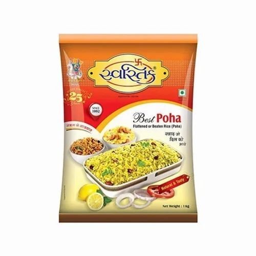 Poha Packaging Pouch - LDPE Material, Glossy Finish, Printed Design, Heat Sealed Closure | Center Sealed Pouch for Food Packaging