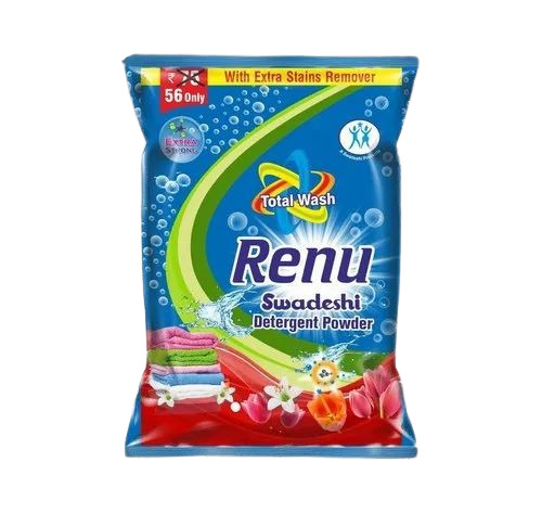 Detergent Powder Packaging Pouch - 3 Side Sealed, Glossy Finish, Rotogravure Printed, Plastic Material, Standard Design with Center Seal