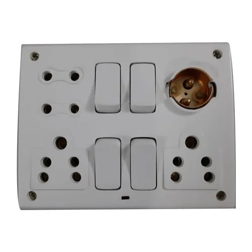 4 Socket 1 Bulb Holder Switch Board - Flame Retardant, Matte Finish, White and Golden Color | Ideal for Home and Hotel Applications