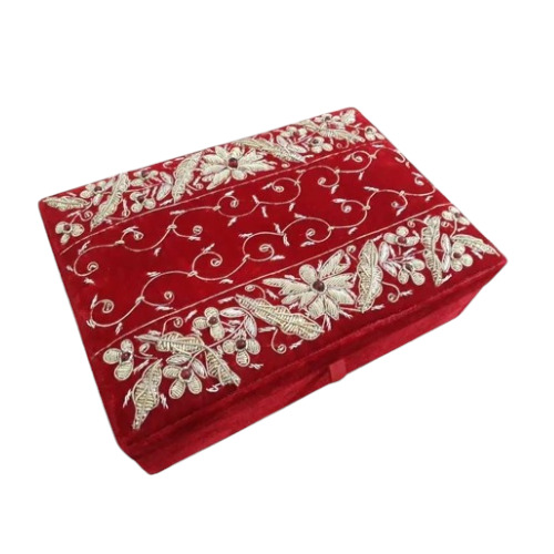 Jewellery Box - Velvet Material Rectangular Shape Red Color | Eco-Friendly Handmade Embroidered Design by Himalaya Handicraft