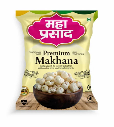 Makhana Packaging Pouch - PET Material, Printed Pillow Pouch, Glossy Finish, Double Layer Lamination, Heat Sealed Closure | Ideal for Makhana Storage