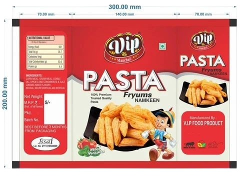 Pasta Snacks Packaging Pouch - Plastic Material, Printed Design | Ideal for Storing and Presenting Snack Foods