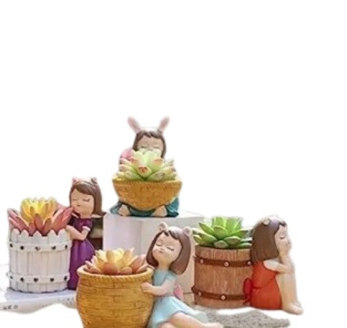 Polyresin Girl Basket Pot - Crack Resistant, Lightweight Material | Easy to Clean, Customizable Color with Glossy Finish for Planting