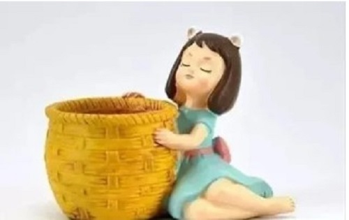 Yellow Polyresin Girl Basket Pot - Attractive Lightweight Design, Glossy Finish, Crack Resistant Material, Versatile Planting Use, Available in Various Colors