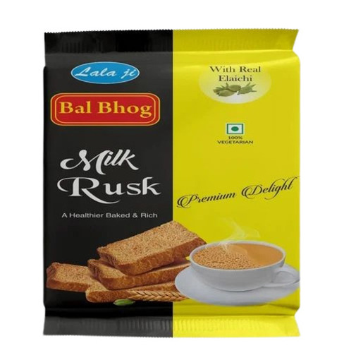 Rusk Packaging Pouch - 500 Gram Capacity, Glossy Printed PET Side Gusseted Pouch with Double Layer Lamination, Heat Sealed Closure - Rotogravure Finish