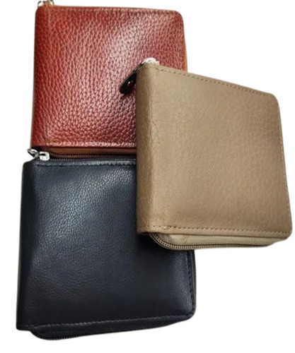 Men Leather Wallet - Leather, Customized Shape, Tan Color | Zipper Closure, Folded Design