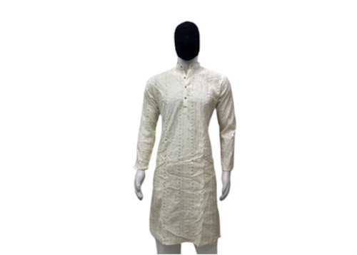 Men Ethnic Kurta - Soft Cotton Blend, Off White Color | Elegant Embroidery, Long Sleeves, No Fade, Washable