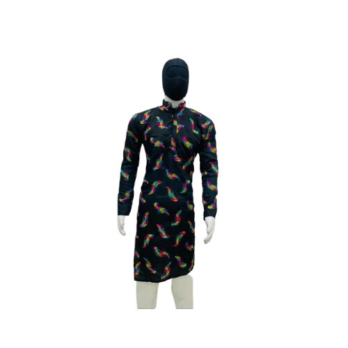 Traditional Embroidered Cotton Kurta - Knee Length, Black Color, Long Sleeves | Festive Wear for Men, Washable, No Fade