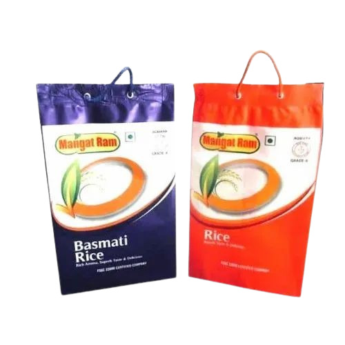 Rice Packaging Bag - Plastic Material, 10x10x5 Inch Size, 5 Kg Capacity, Printed Design, 152 GSM Thickness, Loop Handle Functionality