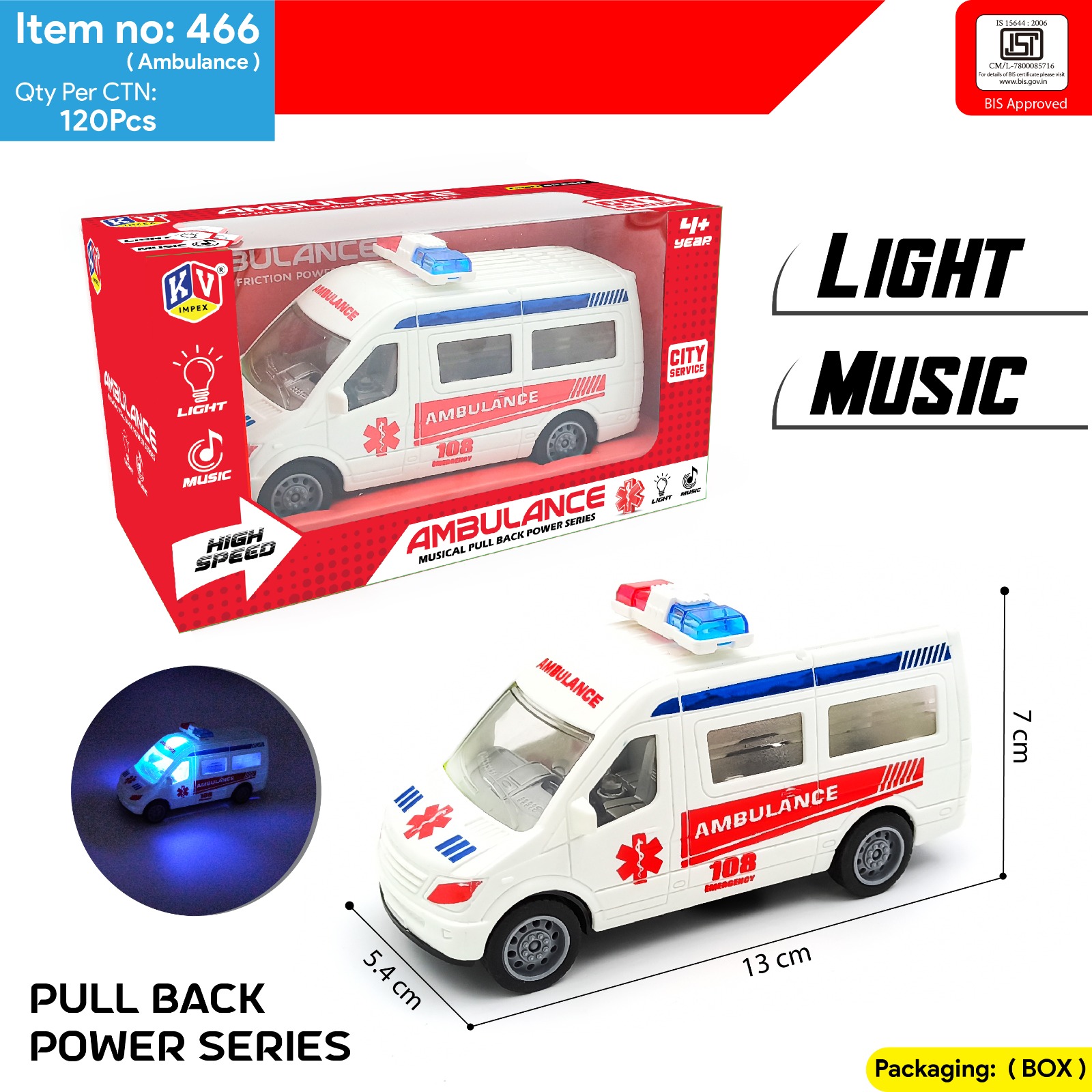 1 Pc Box Pull Back Ambulance With Light & Music Box