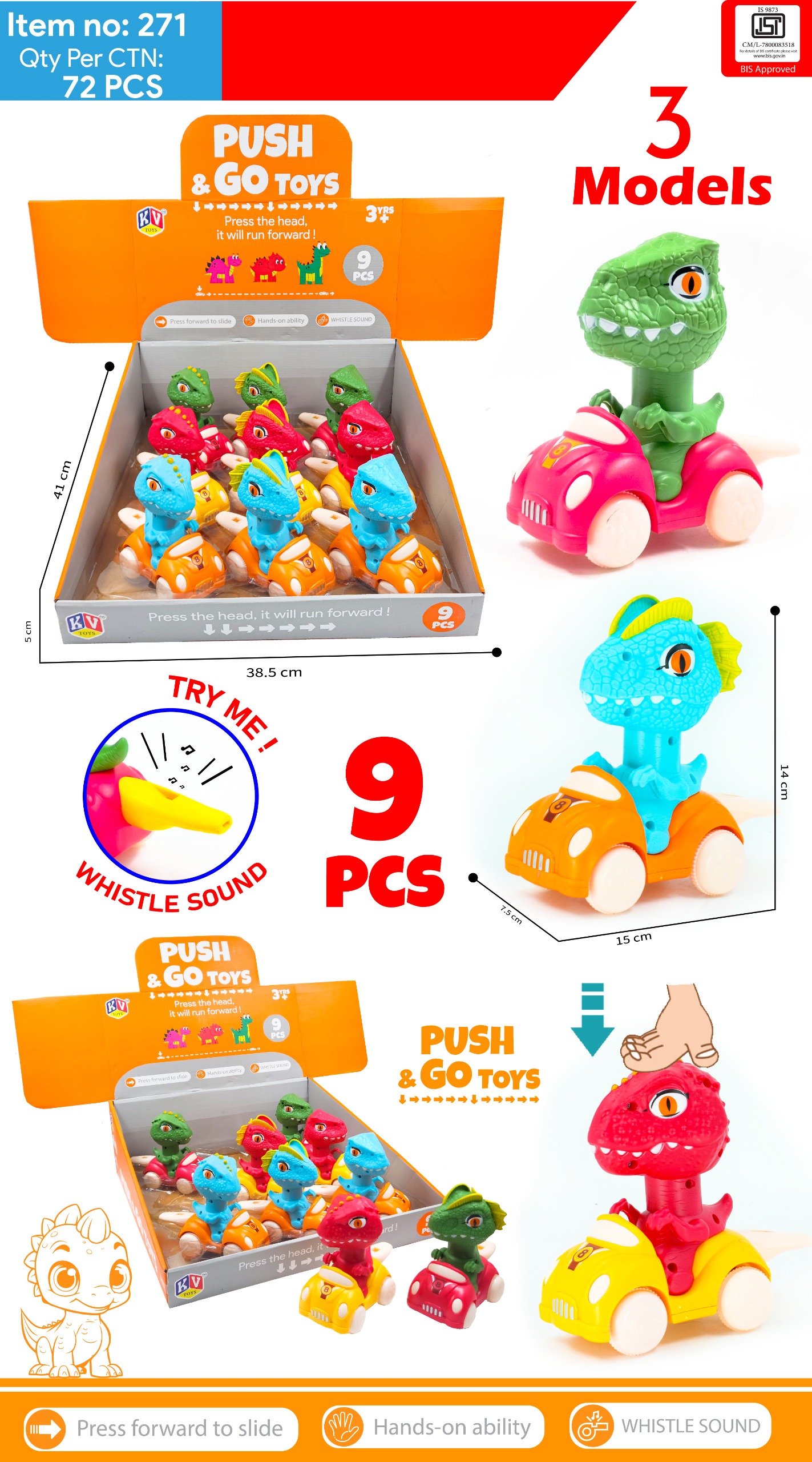 12 Pcs Friction Press & Go Dino With Whistle