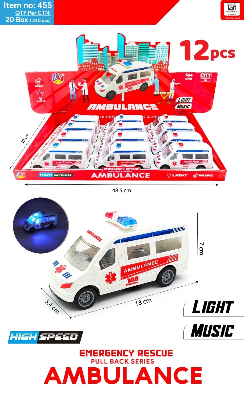 12 Pcs Pull Back Ambulance With Light & Music