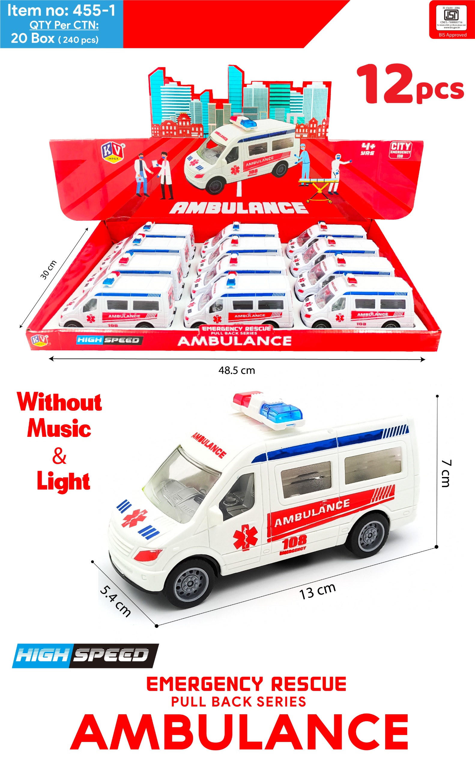 12 Pcs Pull Back Ambulance Without Light & Music