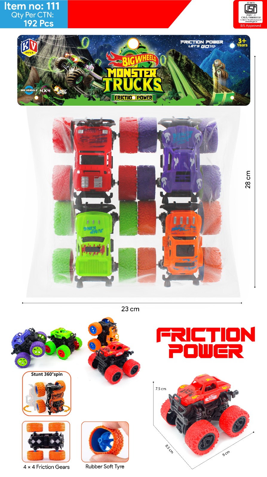 4 Pcs Pvc Friction Monster Truck - Age Group: 3-4 Yrs