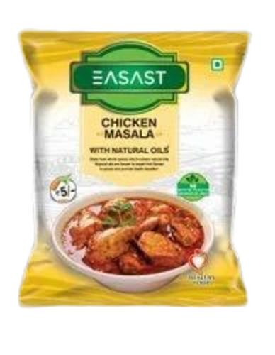 Chicken Masala Packaging Pouch - PET (Polyester) Material, Printed Pillow Pouch Design, Glossy Finish, Multi Layer Lamination, Heat Sealed Closure