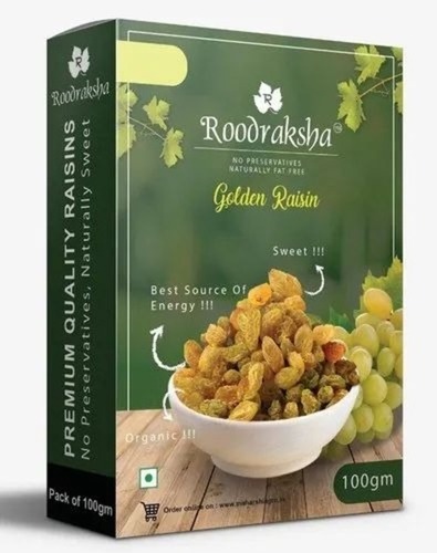 Roodraksha Golden Raisins - 100gm Box | Dried, Golden Color, Grade A, Common Cultivation, 12 Months Shelf Life