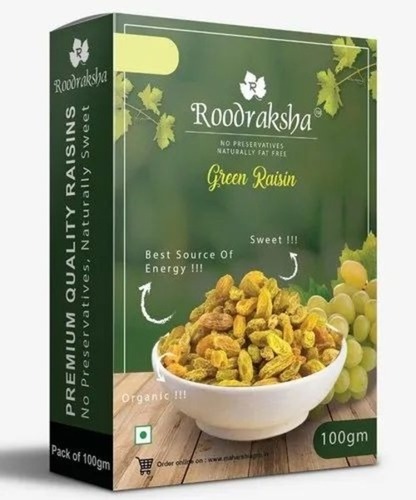Roodraksha Green Raisin - 100gm Box Packaging Dried Style Grade A Quality 12 Months Shelf Life