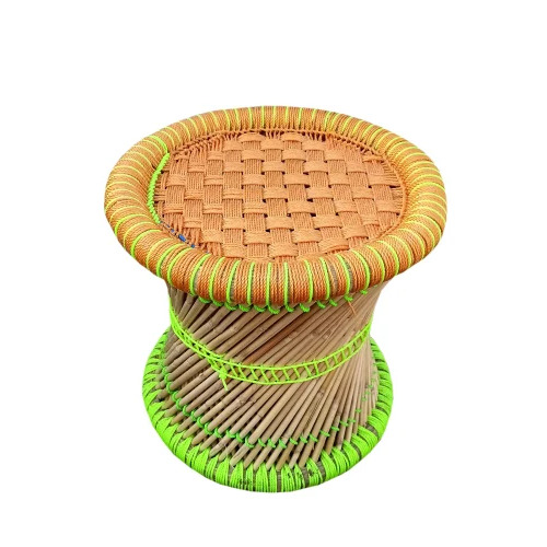 Brown And Green Round Bamboo Stool