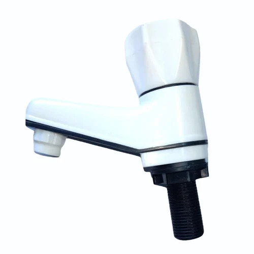 Plastic Pillar Bib Cock - PVC Material, Round Shape, Glossy Finish | White and Black Color, Ideal for Modern Bathroom Fitting