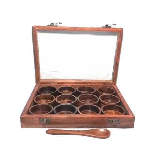 12 Partition Wooden Spice Box - Fine Finished Wooden Material, Available in Various Shapes, Brown Color for Kitchen Use 