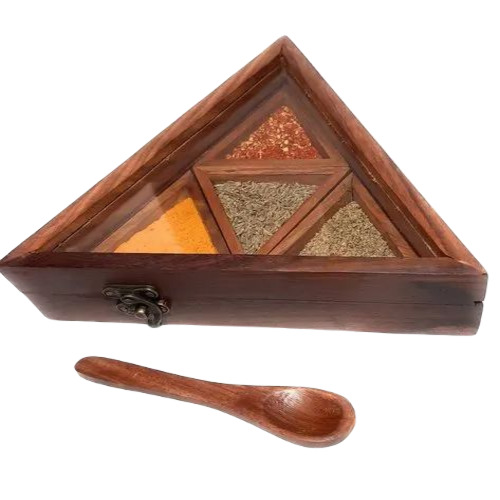 Wooden Spice Box - 4 Compartments , Elegant Brown Finish with Fine Detailing - Available in Various Shapes for Your Kitchen Needs