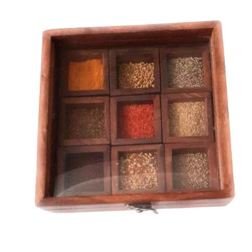 9 Partition Wooden Spice Box - Wooden Material , Brown Finish, Fine Finishing, Available in Different Shapes for Kitchen Use