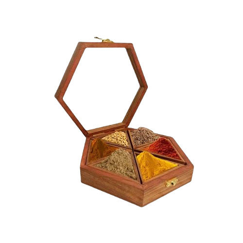 Pentagon Wooden Spice Box - Wooden Material, Available in Different Shapes, Brown Color, Fine Finishing | Versatile Kitchen Spice Organizer