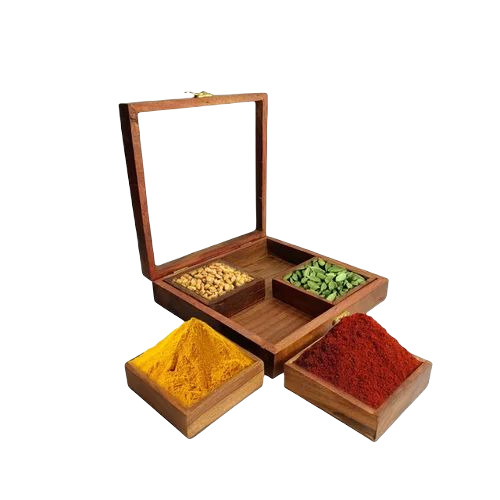 Square Wooden Spice Box - Wood Material, Available in Different Shapes, Brown Color, Fine Finishing | Ideal for Kitchen Use