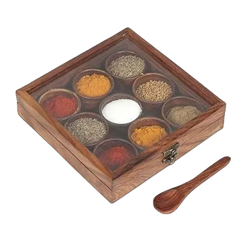 Wooden 9 Container Spice Box - Wooden Material, Available in Different Shapes, Brown Finish | Fine Finishing for an Elegant Kitchen