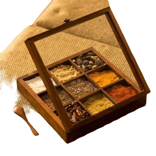 Wooden Spice Box - Wood Material, Various Shapes, Brown Color | Fine Finishing, Ideal for Kitchen Organization and Spice Storage