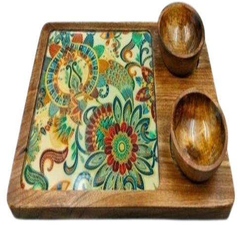 Wooden Platter Bowl Set - Standard Size, Polished Finish | Brown Color, Rectangular Shape, Glossy Surface